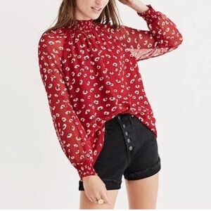 Madewell Mistlight Mock Neck Top Red All Over Floral Size M Sheer Sleeves